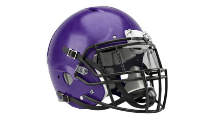 A glossy purple football helmet with a dark face mask on transparent background