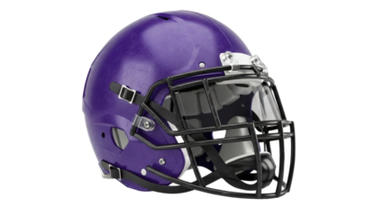 A glossy purple football helmet with a dark face mask on transparent background