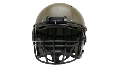 Olive drab football helmet with face mask isolated on transparent background