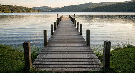 Obraz premium Scenic Lake Pier at Sunset Serenity and Reflection