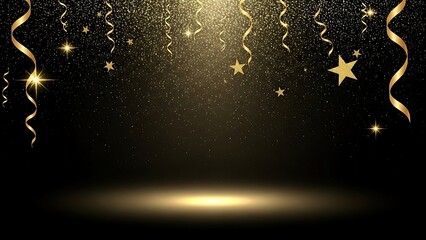 Elegant golden confetti and ribbons falling on a dark stage, perfect for upscale events, awards ceremonies, and celebratory greetings with a touch of class