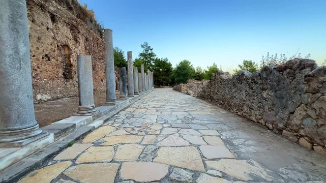 Ruins of the ancient Roman port city of Siedra in Alanya, Antalya, Turkey. The street and ruins of the ancient abandoned ancient city of Siedra on the Mediterranean coast. 4К