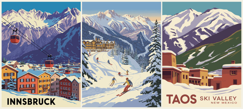 Retro-style triptych poster of winter ski resorts featuring Innsbruck and Taos Ski Valley, bold colors, snow-covered peaks, and mid-century design