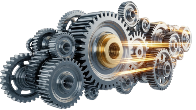 Interlocking metal gears mechanism with golden light streaks isolated on transparent background - Powered by Adobe