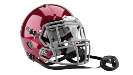 Detailed view of a red football helmet with face mask on transparent background
