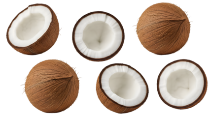 Fresh organic tropical coconuts, whole and halved, healthy snack isolated on transparent background