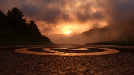 A dramatic sunset casts golden light over a misty mountain road with a spiral marking