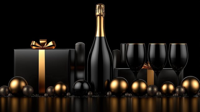 A black gift box with a golden ribbon, champagne bottle, and glasses on a dark background with gold spheres for holiday banner. - Powered by Adobe