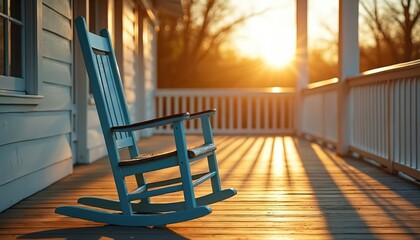 Light blue rocking chair rests on wooden porch at golden hour. Warm sunbeams cast long shadows across deck. Peaceful scene evokes quiet solitude and rustic charm.