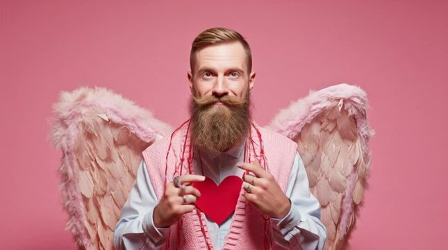Man with beard and wings holding red heart on pink background