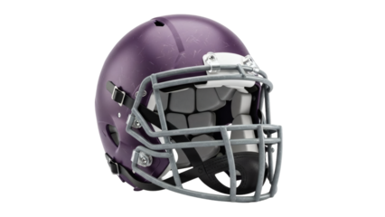 Purple football helmet with gray face mask on transparent background