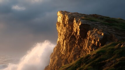 Dramatic coastal cliff at golden hour with waves crashing under a stormy sky