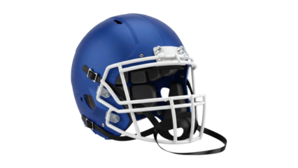 Detailed view of a blue football helmet with face mask on transparent background