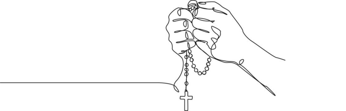 continuous line drawing of hands holding a rosary, line art vector illustration