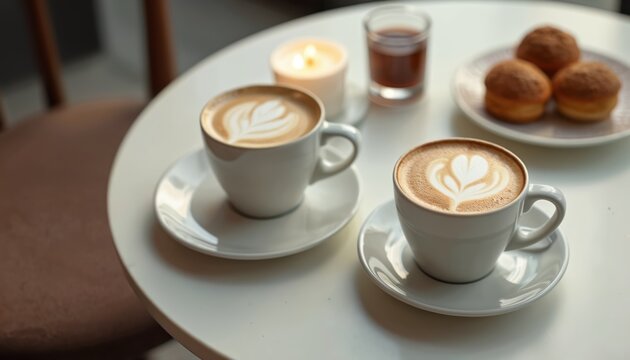 Two lattes sit on table near pastries at cafe. A candle adds to ambiance. Perfect for coffee break concept. A modern cafe offers cozy space for enjoying snacks and hot beverages. - Powered by Adobe