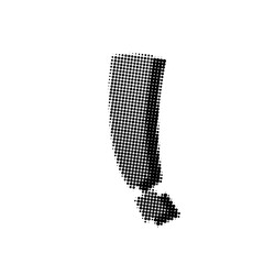 Halftone exclamation mark symbol in bold black dot pattern isolated on white background. Retro graphic design element for poster, print, comic style and modern pop art projects.
