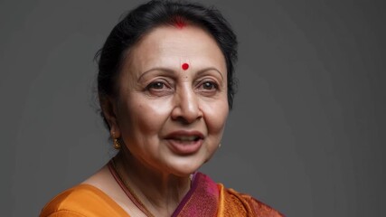 Senior Indian woman in vibrant silk saree displays grace and culture in a timeless portrait celebrating traditional attire and beauty