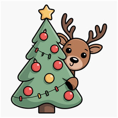  cute reindeer peeking from behind a cartoon Christmas tree.