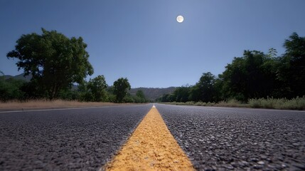 A low angle view of an empty asphalt road with a yellow line leading to the horizon under a clear blue sky with a visible moon