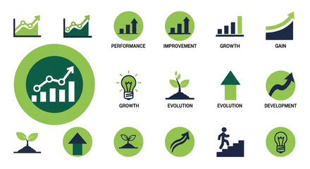 Stunning collection of modern icons symbolizing business growth, performance improvement, and strategic development concepts