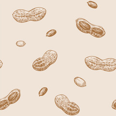 Peanuts seamless pattern, peanut butter, nuts, hand drawn sketch, realistic vector illustration