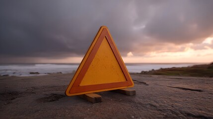 A yellow triangular warning sign stands on a rocky beach against a dramatic stormy sky at dawn