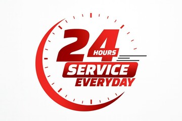 24 hours service everyday emblem featuring a clock face and bold red text for constant availability