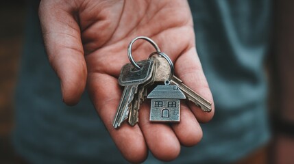 Man Holds Keys With House-Shaped Keychain Symbolizing Home Ownership and Real Estate Transactions in a Blurred Background Setting
