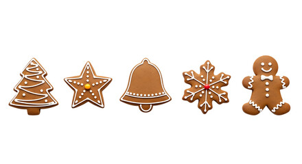 Five festive gingerbread cookies in various holiday shapes on a black background