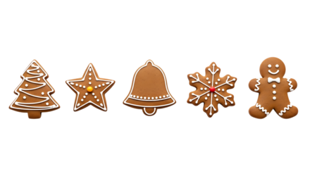 Five festive gingerbread cookies in various holiday shapes on a black background