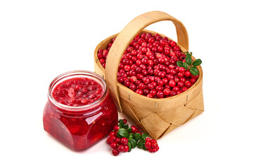 Lingonberry Jam with Basket of Lingonberries, isolated on white background