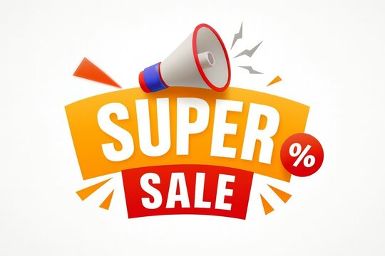 Exciting super sale announcement with megaphone and percentage symbol on a vibrant orange and red banner