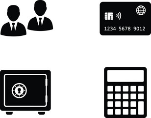 Business icons set, finance symbols, banking tools, secure safe, calculator, credit card, partnership concept, vector illustration for corporate, fintech, accounting, security
