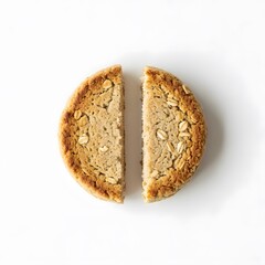 Halved oatmeal cookie with chocolate chips on a white background