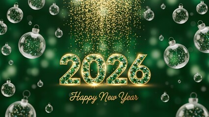 Elegant green background with sparkling 2026 number and falling christmas ornaments, celebrating the arrival of the happy new year with festive bokeh lights
