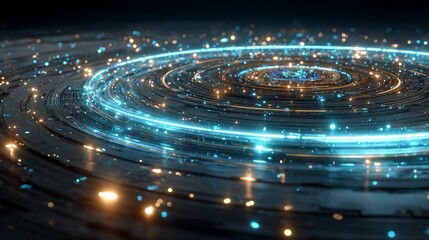 Dynamic abstract 3D rendering of a futuristic technological network with glowing blue and gold energy rings swirling in the dark
