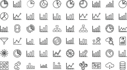 Data visualization icon set, pie chart, bar graph, line chart, funnel, radar, dashboard, cloud upload, vector illustration for analytics, reporting, statistics