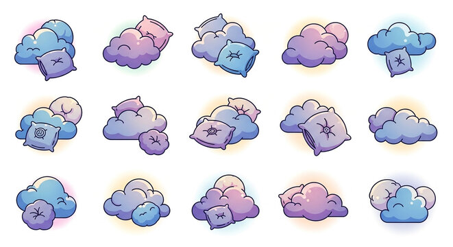 Charming cloud and pillow icons perfect for sleep tracking apps or cozy dream themed digital projects