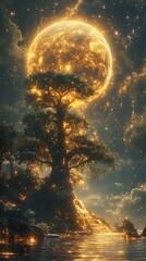 Giant Glowing Moon Over a Majestic Tree on a Rocky Shoreline celestial night photo