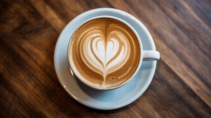 A cup with coffee and milk with drawings in form of heart on brown wooden background image