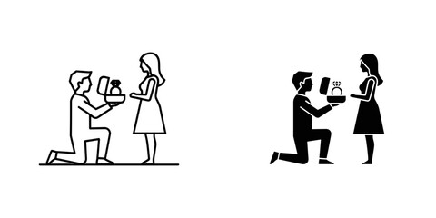 Man proposing with diamond ring to woman illustration, sharing love and commitment in minimalist style, ideal for wedding planning, romance, and relationship goals