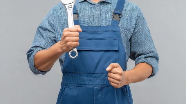 Skilled mechanic holding adjustable wrench, ready for repair tasks in professional workwear with serious expression and focused posture 4k video footage