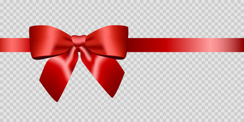 Beautiful red bow with horizontal ribbon isolated on transparent background made in realistic style. Vector illustration.