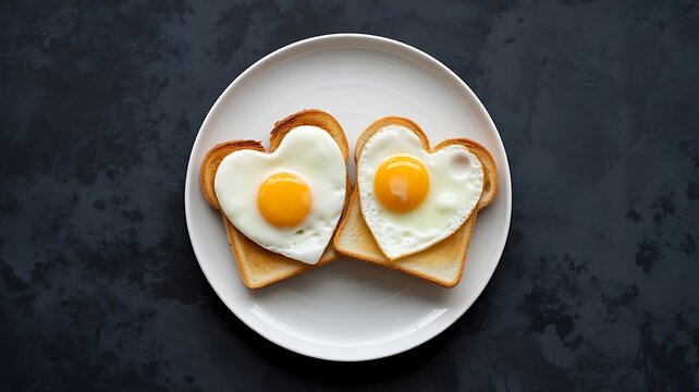 Two heart-shaped fried eggs and fried toast isolated image background - Powered by Adobe