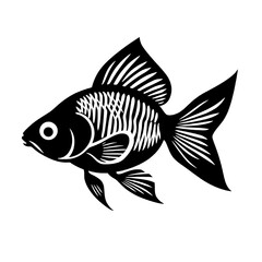 A striking black and white illustration depicts a goldfish with intricate fin details and a distinct eye. The graphic style emphasizes the fish's form through bold lines and negative space.