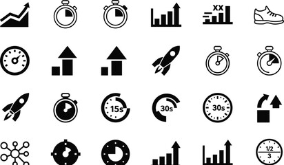 Time and performance icon set, stopwatch, rocket, bar chart, pie chart, running shoe, upward arrow, vector illustration for analytics, speed, progress