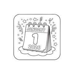 January 1 2026 calendar coloring page. New Year date vector illustration. Black and white desktop agenda icon with confetti and stars. Daily schedule outline isolated.