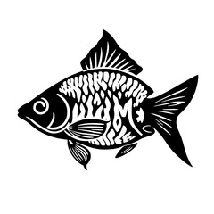 This is a black and white illustration of a fish. The fish has detailed, stylized patterns inside its body, creating a unique and artistic representation.