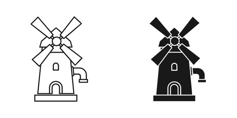 Simple windmill icons in black and white offer a clean, modern aesthetic for sustainable energy and rural farm themes with a touch of minimalist charm