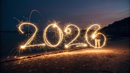 Sparkling new year 2026 celebration on a beach at dusk